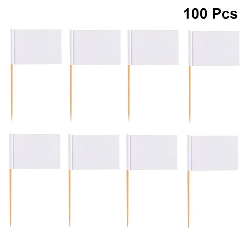 100 Pcs Wooden Cake Flag Toppers White DIY Cupcake Picks for Party Hosts
