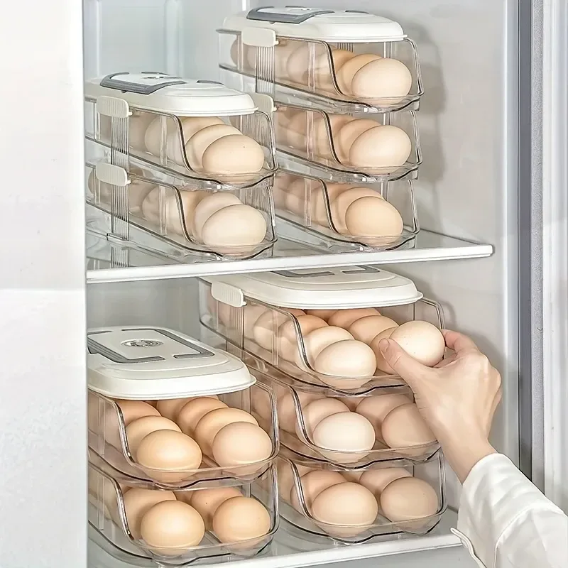 (Single row and three floors)Egg Holder for Fridge Stackable Pull Out Drawer with Handle Removable Tray Kitchen Storage Organiser