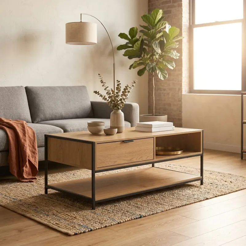 CARLA HOME Coffee Table with Drawer – Wood and Metal Frame – Brown – Rustic – Steel