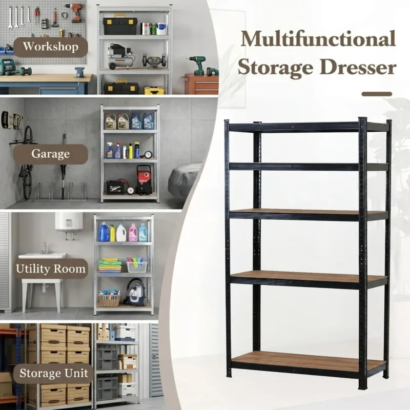 CARLA HOME 5 Tier Steel Shelving Unit – Garage Storage Shelf – Black – Modern