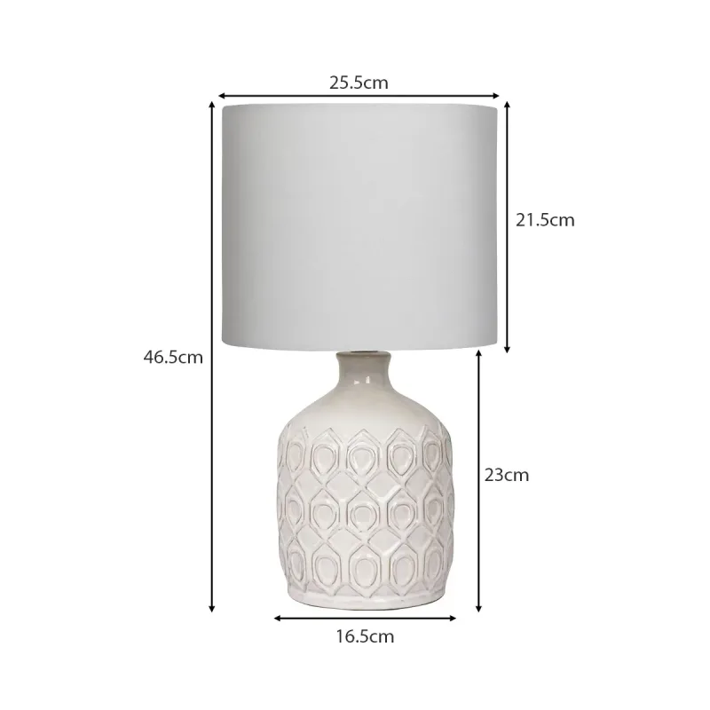 Sarantino Cream Ceramic Table Lamp with White Fabric Shade, Antique Herringbone Patterned Bedside Light