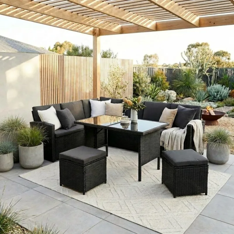 Ella 8-Seater Modular Outdoor Garden Lounge and Dining Set with Table and Stools in Black Ella 8-Seater Modular Outdoor Garden Lounge and Dining Set with Table and Stools in Black