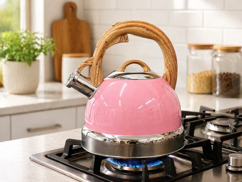 2.9L Whistling Kettle Stainless Steel Foldable Handle Camping Home Office – Pink