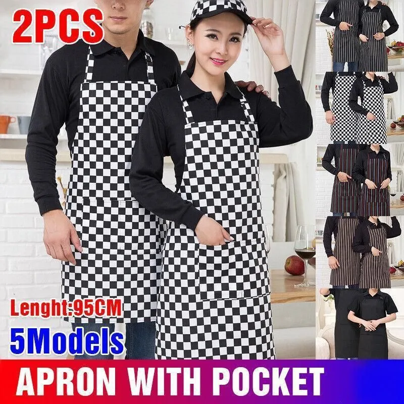 Apron with Pocket 2Pcs Chef Butcher Kitchen Cooking Baking Restaurant Wear – Coffee White Strip