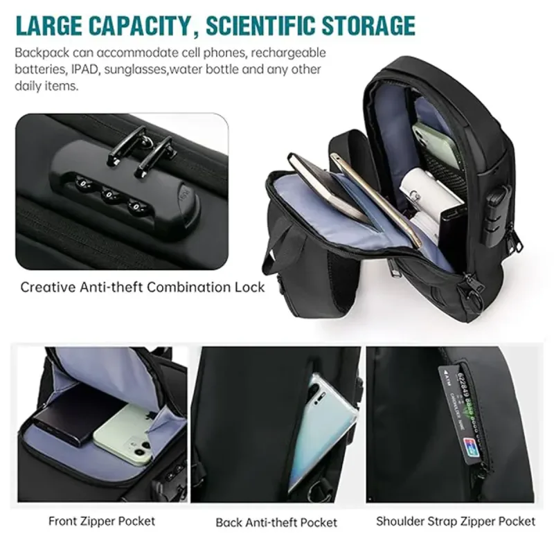 Multifunctional Combination Lock Chest Bag with USB Charging Port