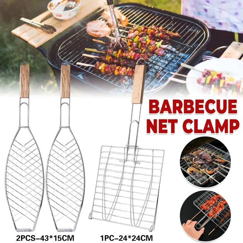Barbecue Net Clamp Iron Wire Mesh with Wooden Handle for Camping Grill – 43x15cm