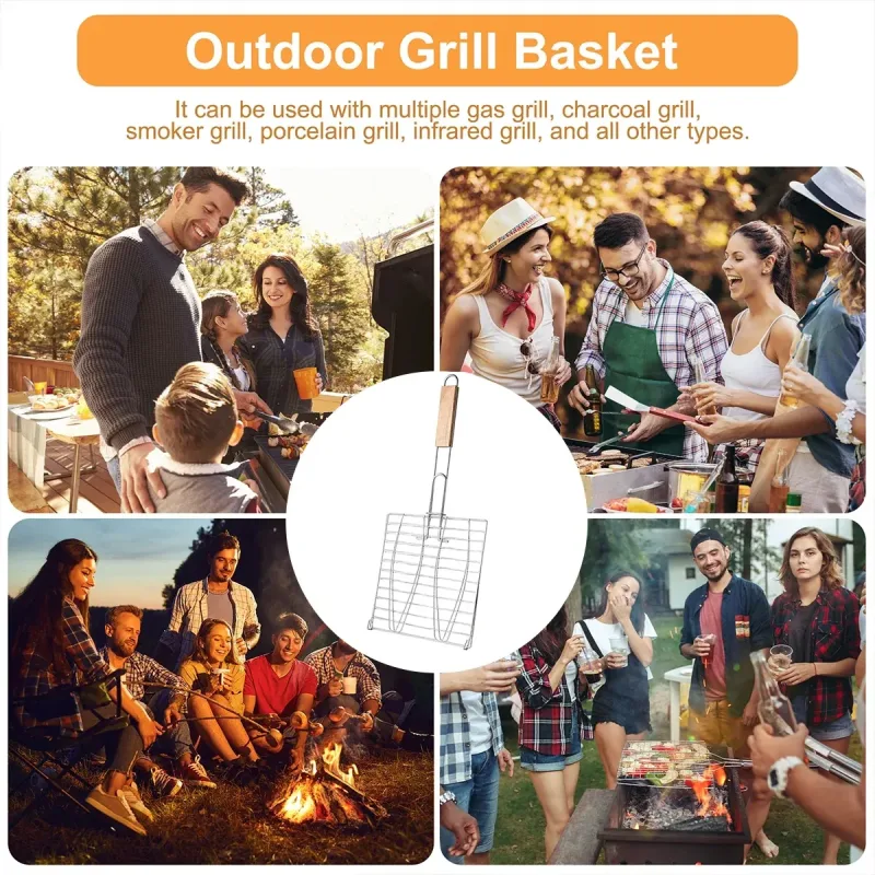 Barbecue Net Clamp Iron Wire Mesh with Wooden Handle for Camping Grill – 43x15cm