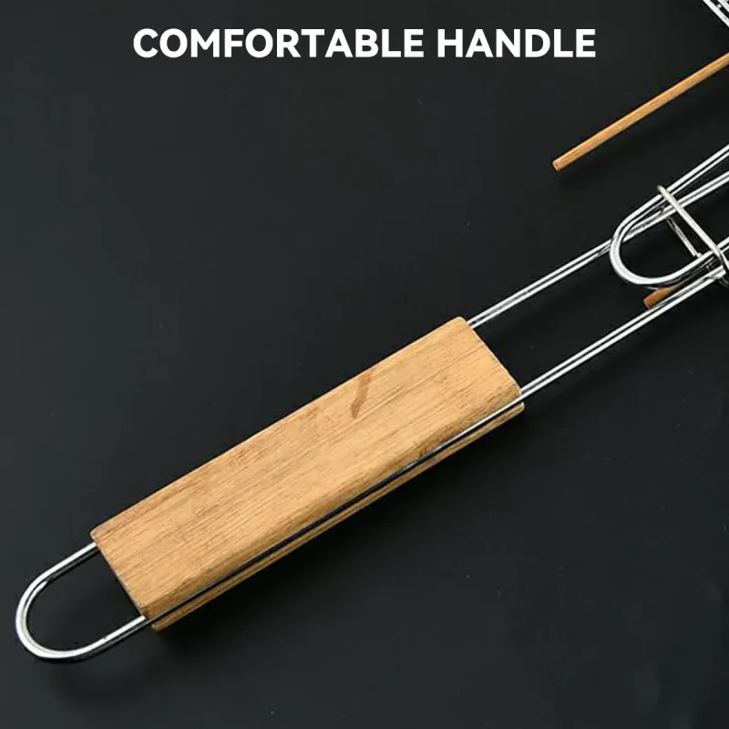 Barbecue Net Clamp Iron Wire Mesh with Wooden Handle for Camping Grill – 43x15cm
