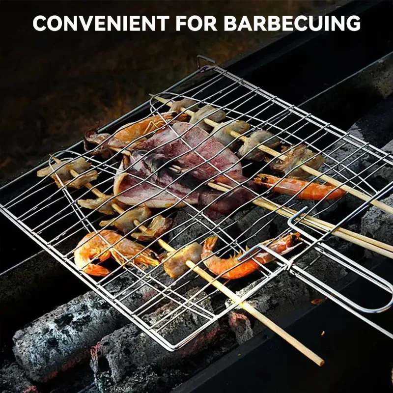 Barbecue Net Clamp Iron Wire Mesh with Wooden Handle for Camping Grill – 43x15cm