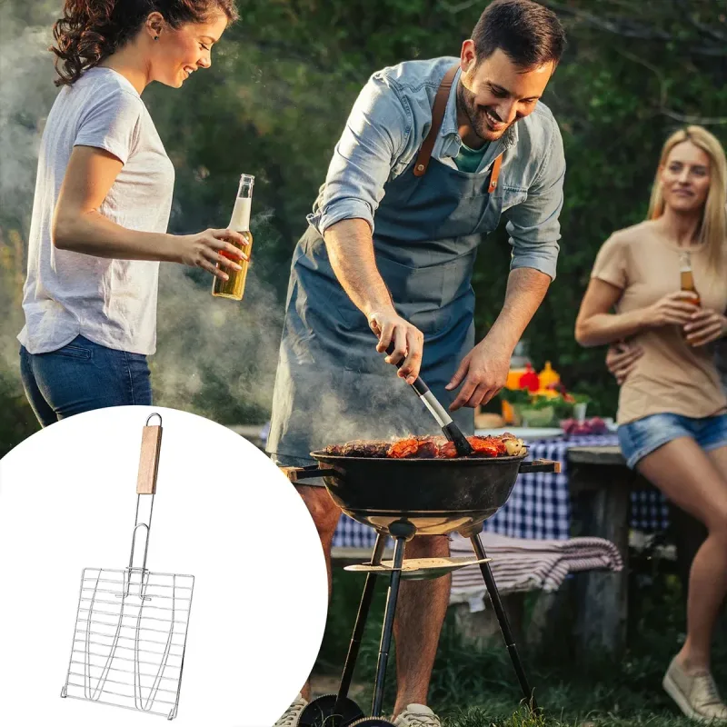 Barbecue Net Clamp Iron Wire Mesh with Wooden Handle for Camping Grill – 43x15cm