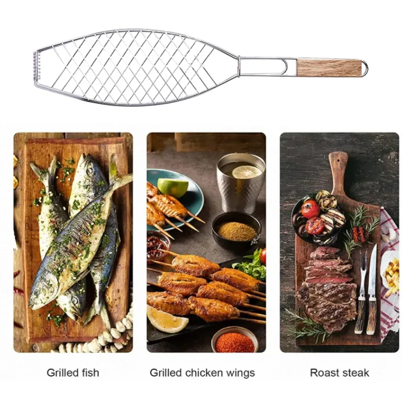 Barbecue Net Clamp Iron Wire Mesh with Wooden Handle for Camping Grill – 43x15cm