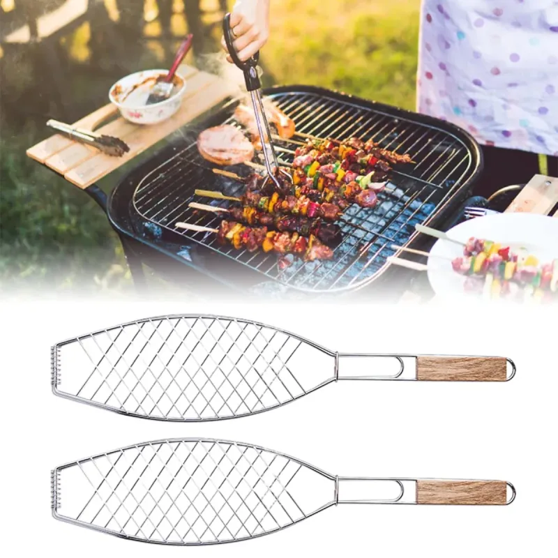 Barbecue Net Clamp Iron Wire Mesh with Wooden Handle for Camping Grill – 43x15cm
