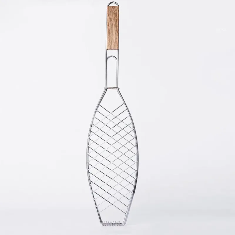 Barbecue Net Clamp Iron Wire Mesh with Wooden Handle for Camping Grill – 43x15cm