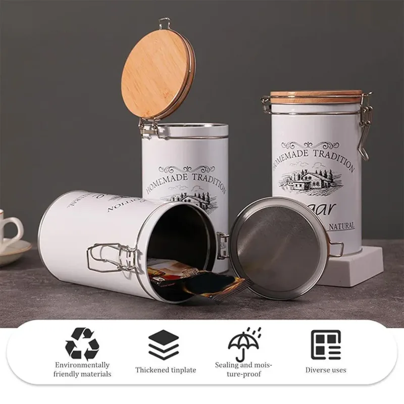 3PCS White Tinplate Coffee Tea Sugar Storage Jar Set Sealed Kitchen Counter