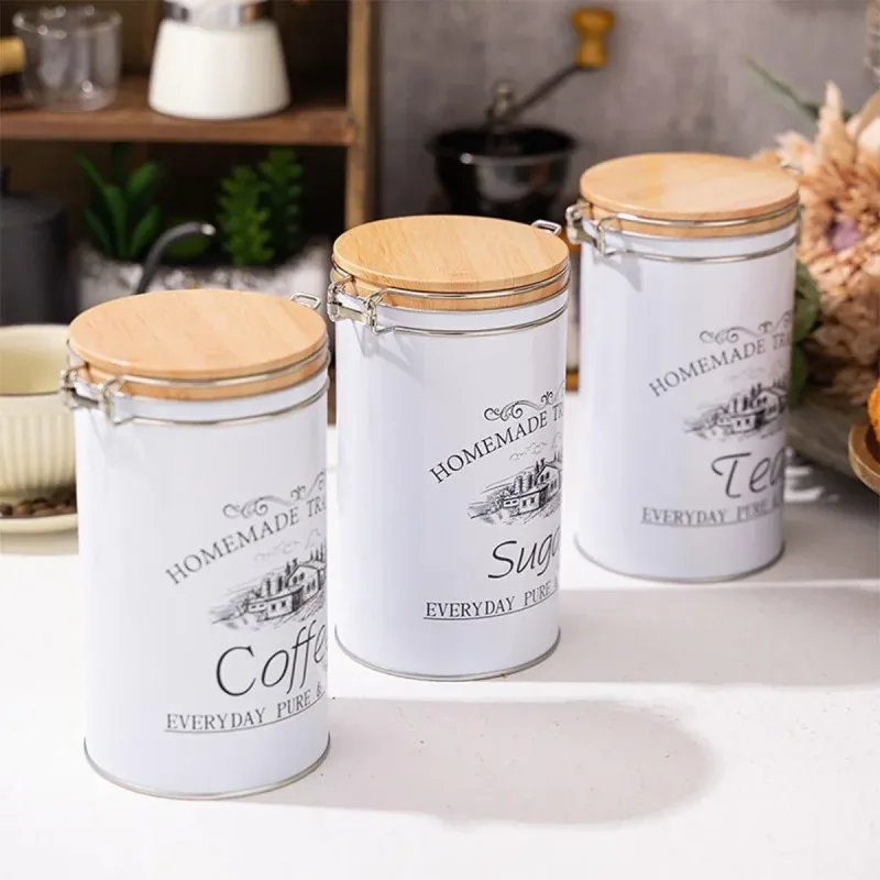3PCS White Tinplate Coffee Tea Sugar Storage Jar Set Sealed Kitchen Counter