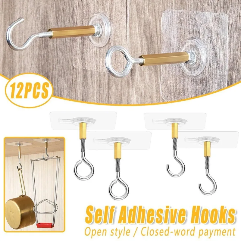 12 PCS Heavy Duty Self Adhesive Hooks Stainless Steel Ceiling Hooks for Home – Closed