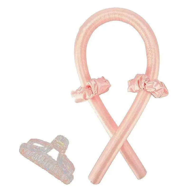Heatless Curling Rod Headband Silk Curling Ribbon Hair Roller Lazy Curler Sets – 4pcs/Set B (Pink, with Clip)