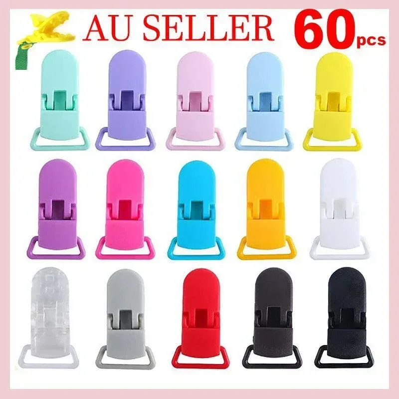 60 Random Colored Plastic Pacifier Dummy Clip Suspender Badge Holder for Crafts