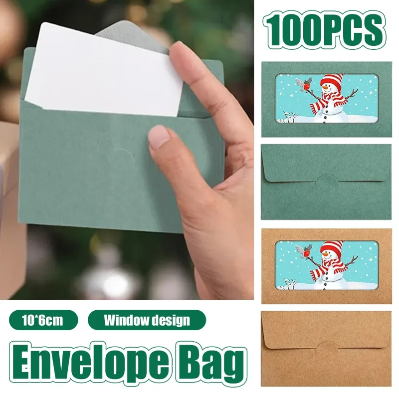 100PCS Small Kraft Paper Envelopes With Clear Window Self Seal Card Mailers – Green