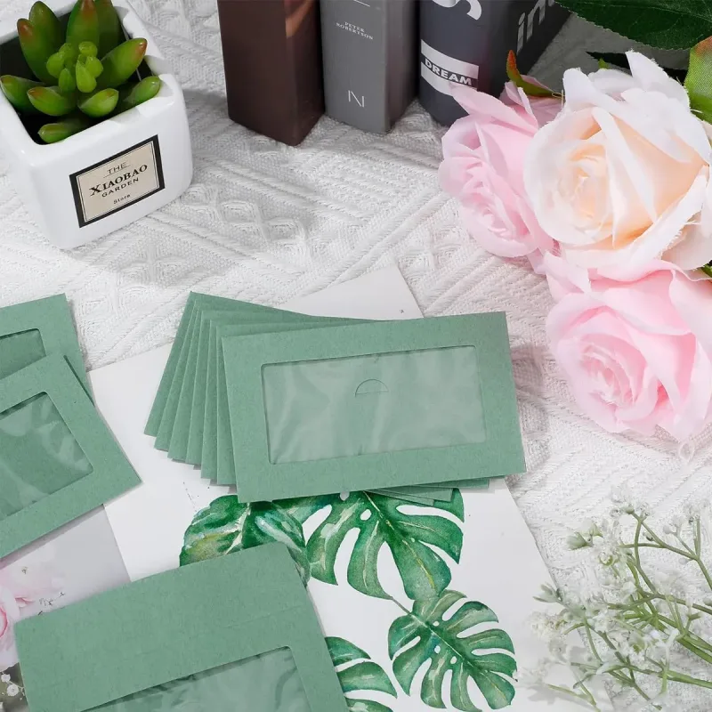100PCS Small Kraft Paper Envelopes With Clear Window Self Seal Card Mailers – Green