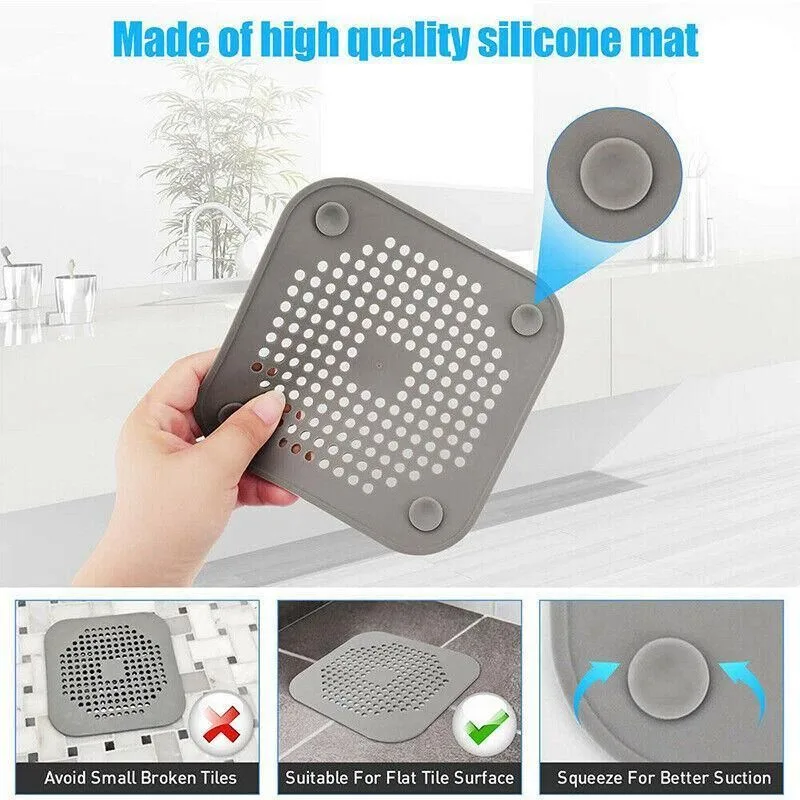 2X Square Drain Cover For Shower Drain Hair Catcher Flat Silicone Plug For Bath – Grey