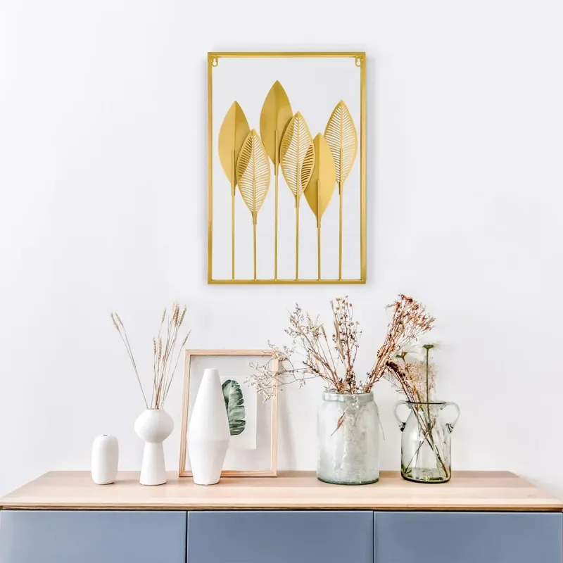 Metal Leaf Wall Hanging Decor Gold Iron Frame Living Room Porch 60 x 40cm