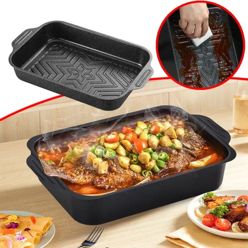 Barbecue Baking Pan Carbon Steel Non Stick Rectangular Grill Tray for Oven BBQ