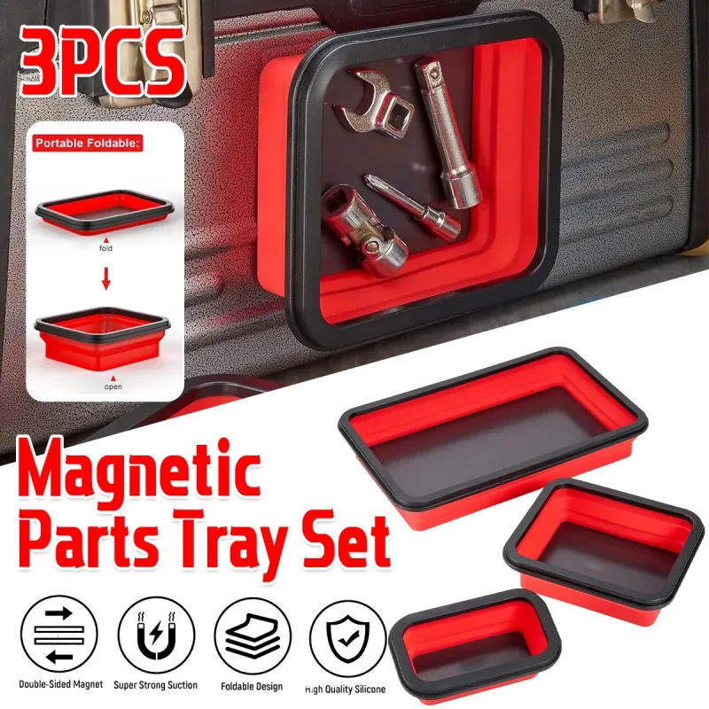 3PCS Foldable Metal Parts Tray Set Silicone Tool Organizer for Garage Repair 3PCS Foldable Metal Parts Tray Set Silicone Tool Organizer for Garage Repair
