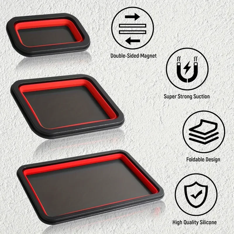 3PCS Foldable Metal Parts Tray Set Silicone Tool Organizer for Garage Repair