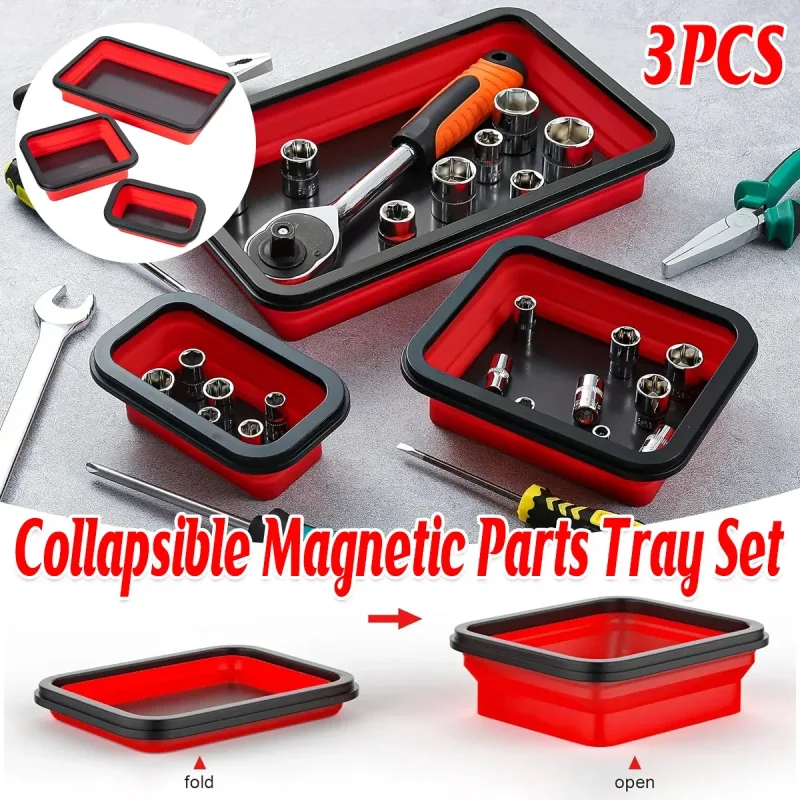 3PCS Foldable Metal Parts Tray Set Silicone Tool Organizer for Garage Repair