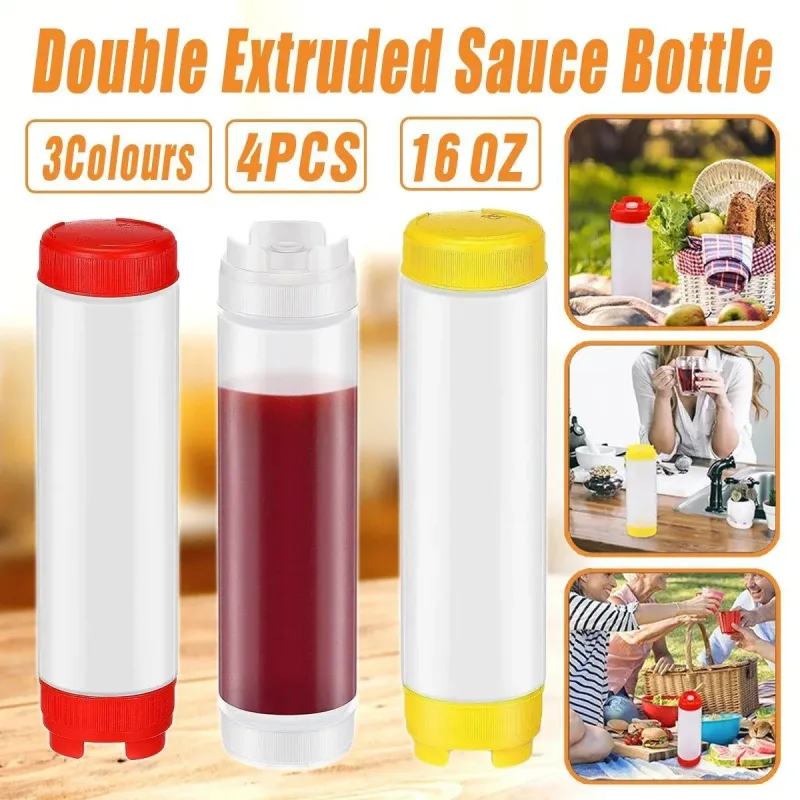 16oz Plastic Sauce Dispenser Bottles Large Capacity Double-ended Squeeze Bottles – Red