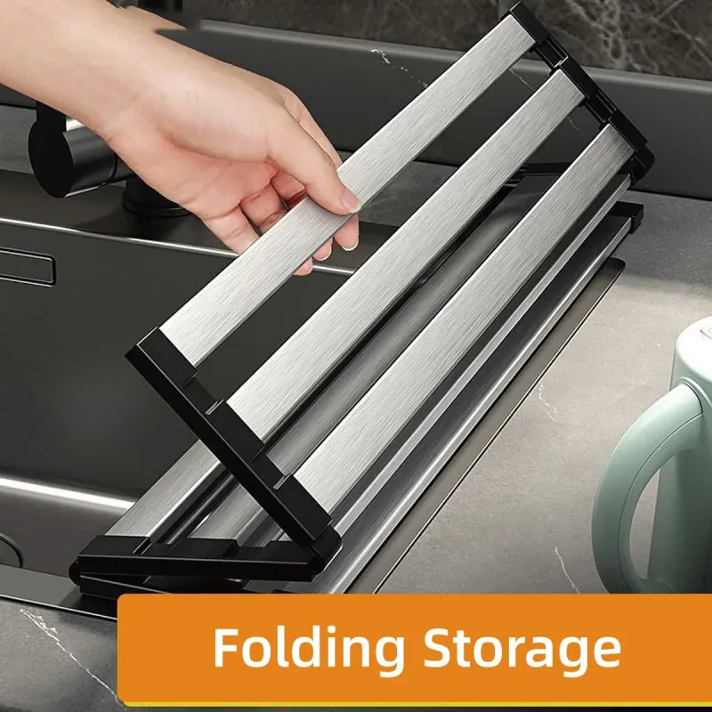 Kitchen Foldable Stainless Steel Dish Rack Drying Drainer Over Sink Drain Roll
