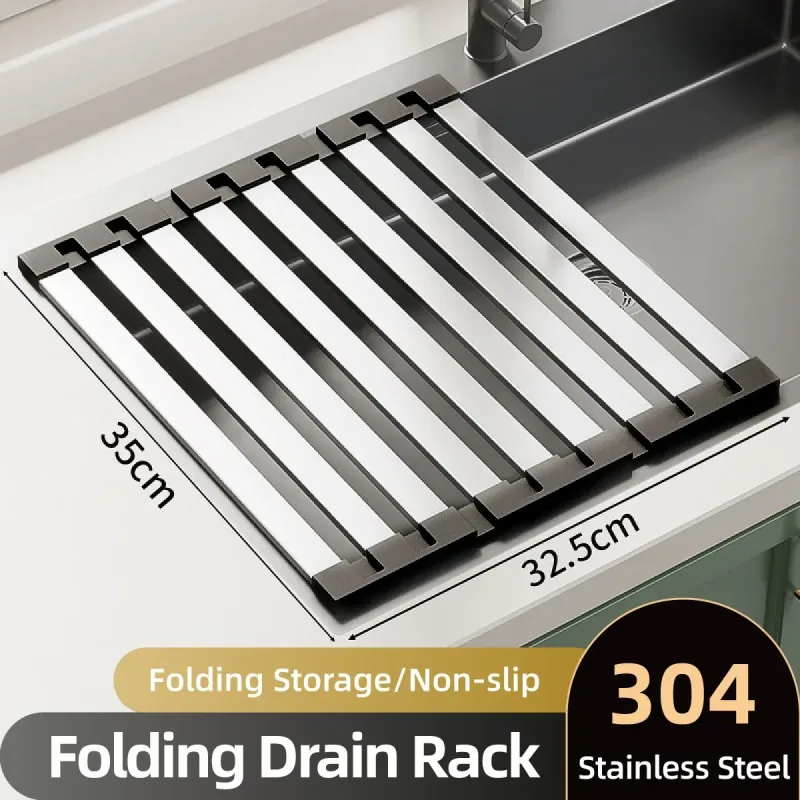 Kitchen Foldable Stainless Steel Dish Rack Drying Drainer Over Sink Drain Roll