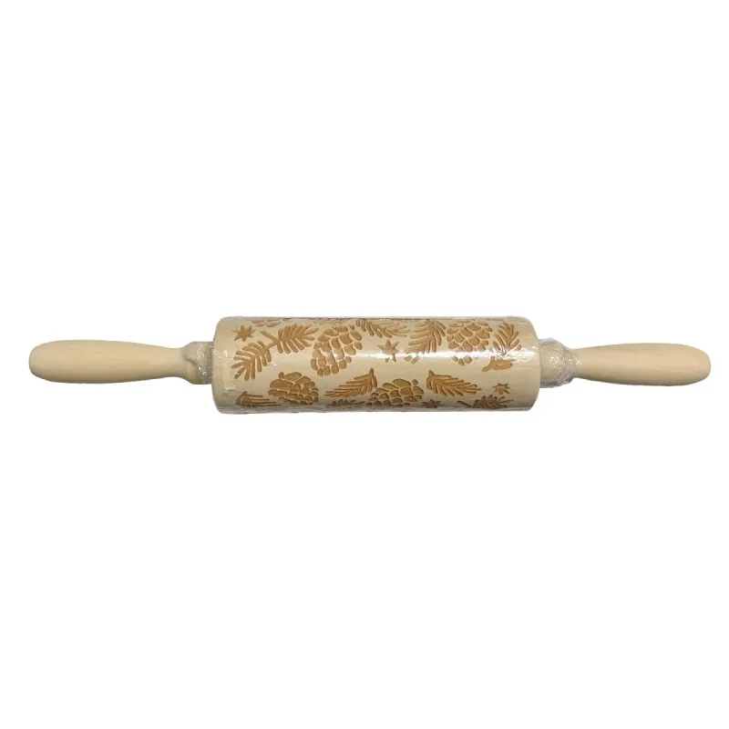 Christmas Wooden Rolling Pin Engraved Pine Cone Leaf Pattern Baking Embossed