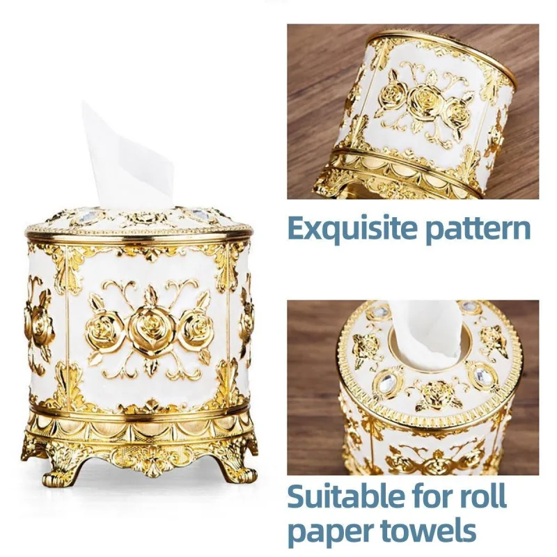Luxury Vintage Round Tissue Box Paper Towel Holder Stylish Kitchen Storage Decor – White
