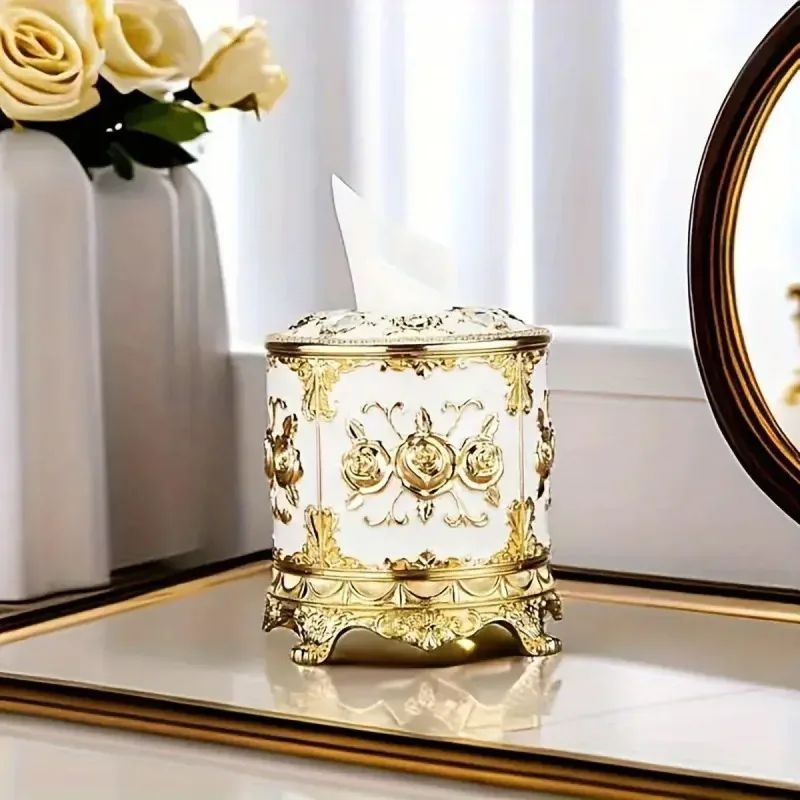 Luxury Vintage Round Tissue Box Paper Towel Holder Stylish Kitchen Storage Decor – White