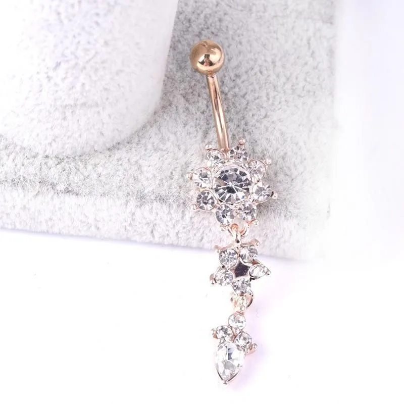 Flower Crystal Surgical Steel Dangle BELLY Button Navel bars Ring Body Piercing – Rose Red
