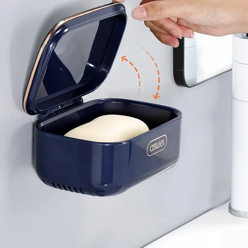 Household Wall Mounted Soap Box With Lid Drainage Non Punch Bathroom Storage Box – Blue