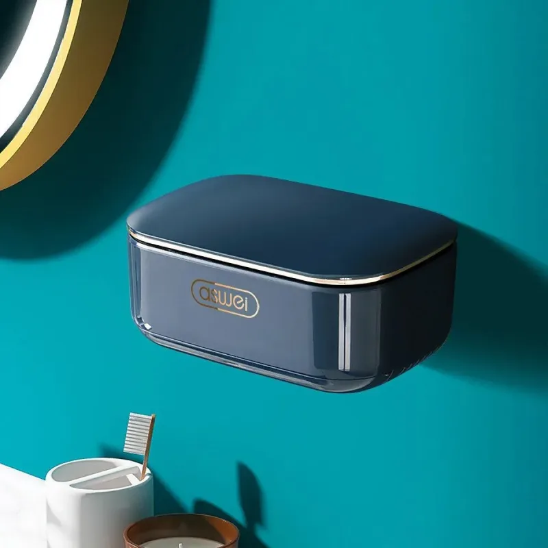 Household Wall Mounted Soap Box With Lid Drainage Non Punch Bathroom Storage Box – Blue