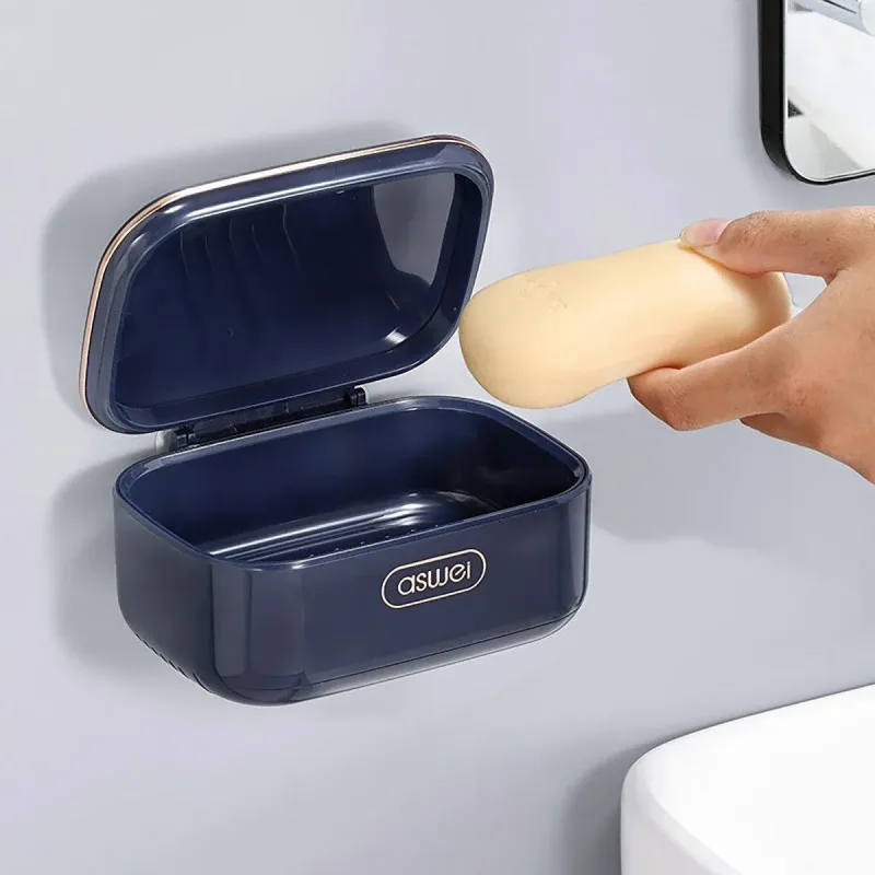 Household Wall Mounted Soap Box With Lid Drainage Non Punch Bathroom Storage Box – Blue