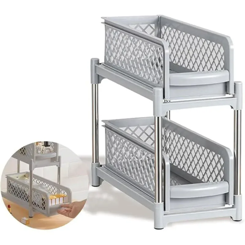 Bathroom Kitchen Sink Storage Rack Drawer Plastic Shelf Seasoning Holder – Grey