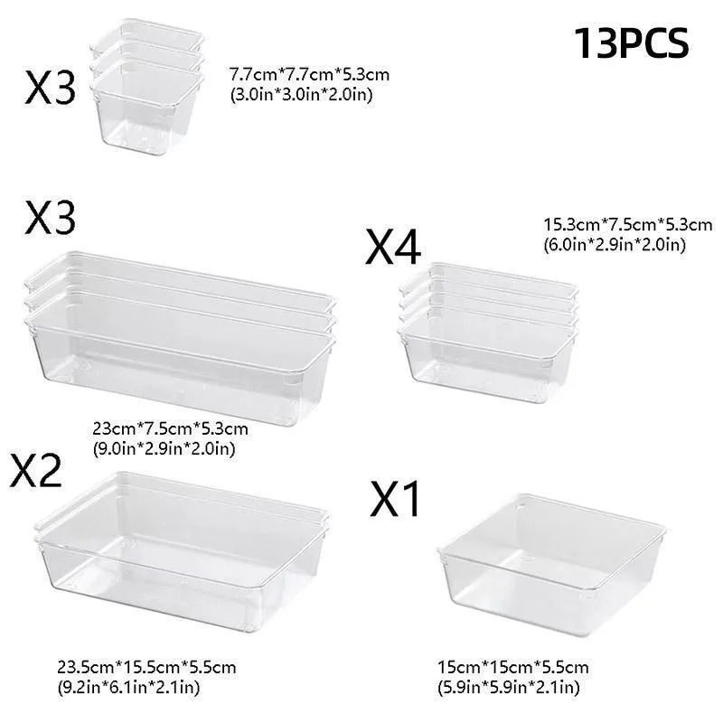 Transparent Plastic Drawer Organiser Set Multifunctional Desktop Storage Box – 13PCS