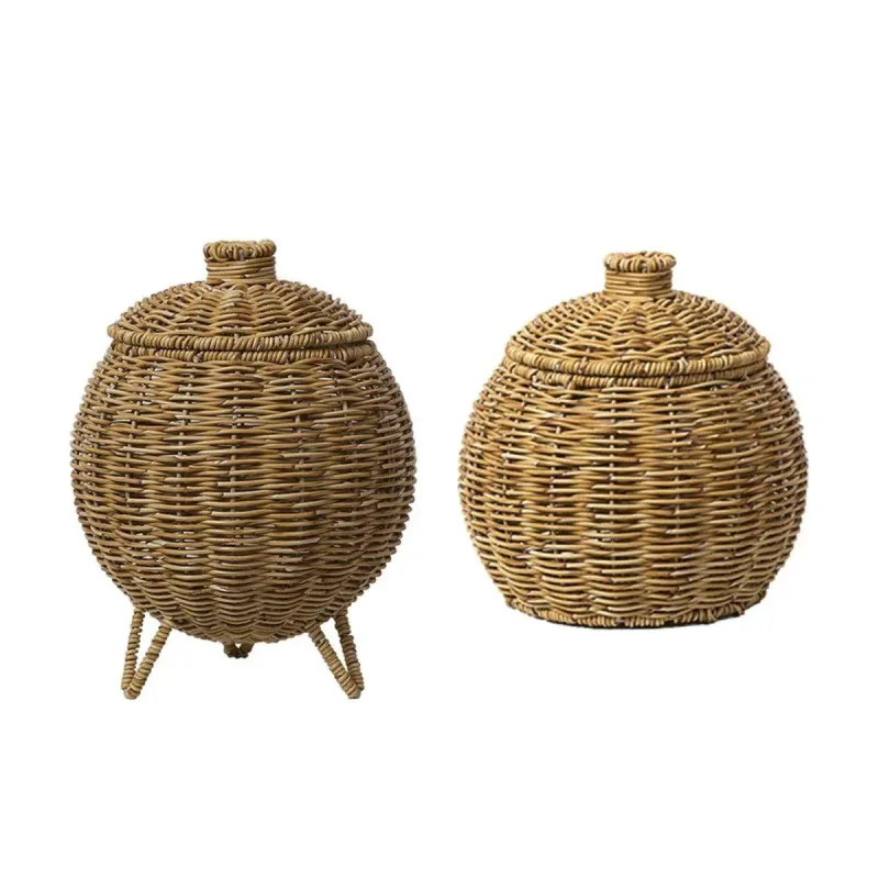 Hand Woven Storage Container with Lid Tabletop Basket Sundries Holder Organizer – Without Legs