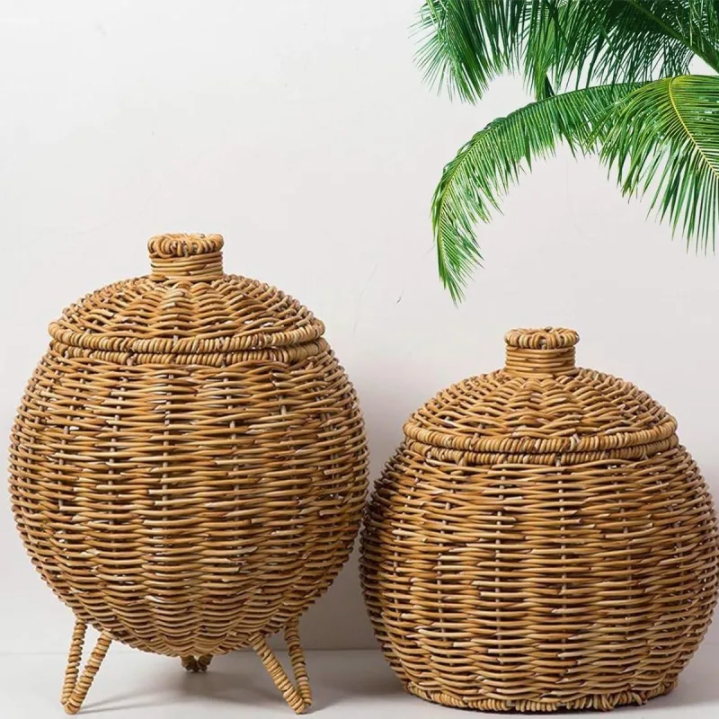Hand Woven Storage Container with Lid Tabletop Basket Sundries Holder Organizer – Without Legs