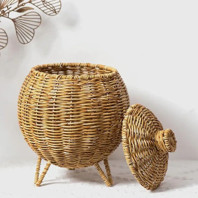 Hand Woven Storage Container with Lid Tabletop Basket Sundries Holder Organizer – Without Legs
