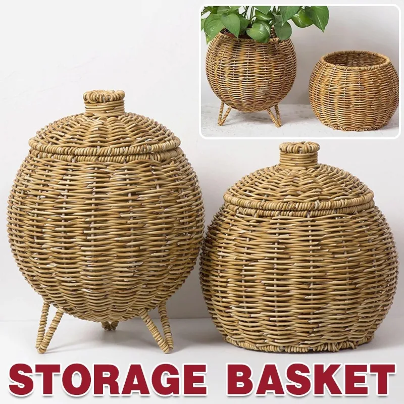 Hand Woven Storage Container with Lid Tabletop Basket Sundries Holder Organizer – Without Legs