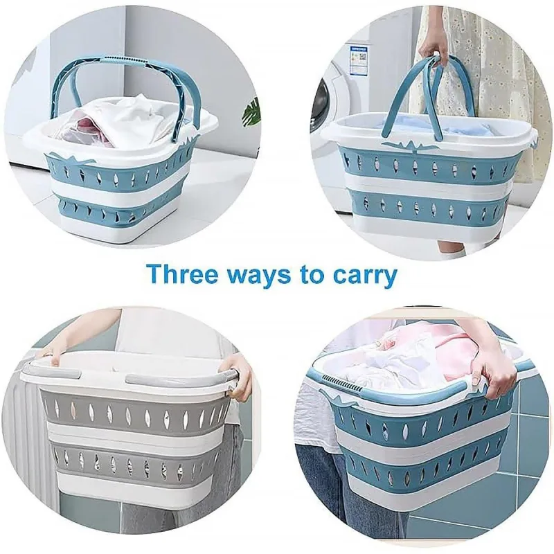 Large Folding Laundry Basket Plastic Dirty Clothes Hamper Blue Bathroom Storage – Blue