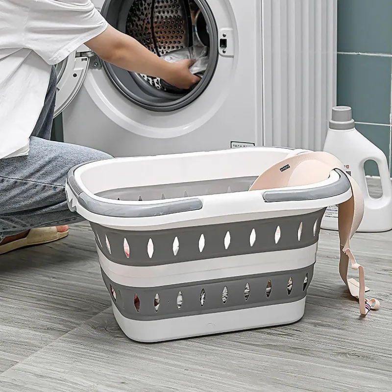 Large Folding Laundry Basket Plastic Dirty Clothes Hamper Blue Bathroom Storage – Blue