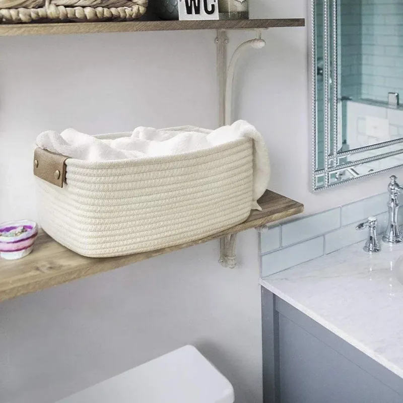 1-Piece White Cotton Rope Storage Basket with Handles