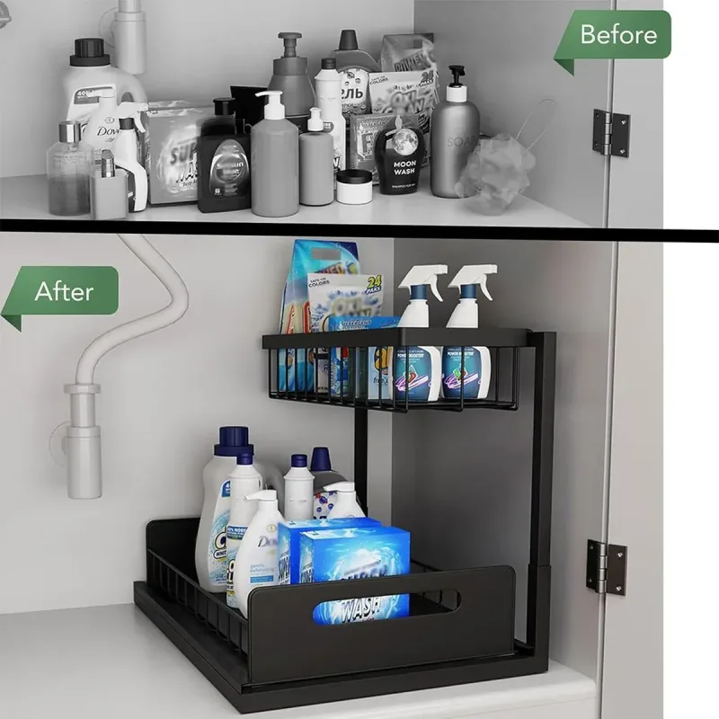 Under Sink Storage Rack Kitchen Cabinet Organizer Adjustable Shelving Unit Home – Black